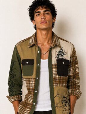 Patchwork Shirt Jacket Graphic Overshirt Brown Green Button Up Nova Men Size 2XL